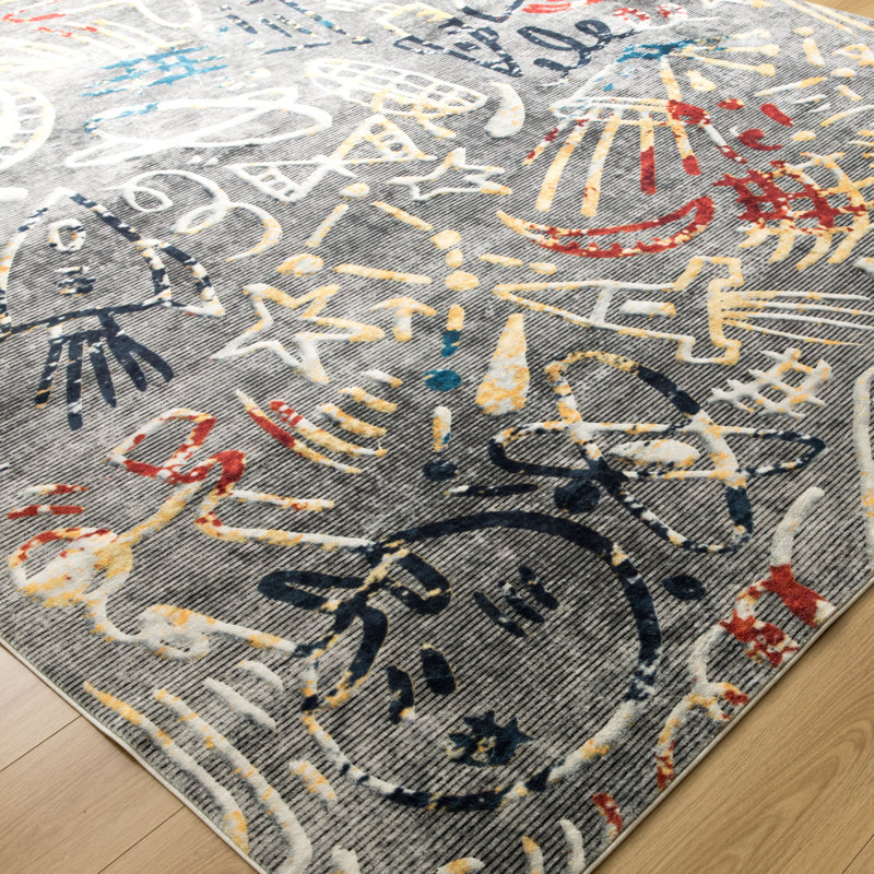 Tapis gris anthracite lavable à la machine Merzglyphs by Katie Merz, Rectangulaire : 7 pi 9 po x 9 pi 9 po