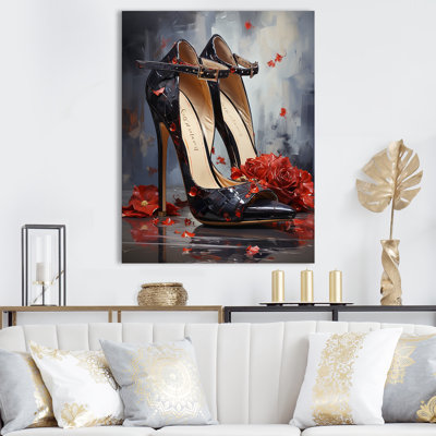 Élégance florale noire et rouge à talons hauts - mode, talons hauts, art mural