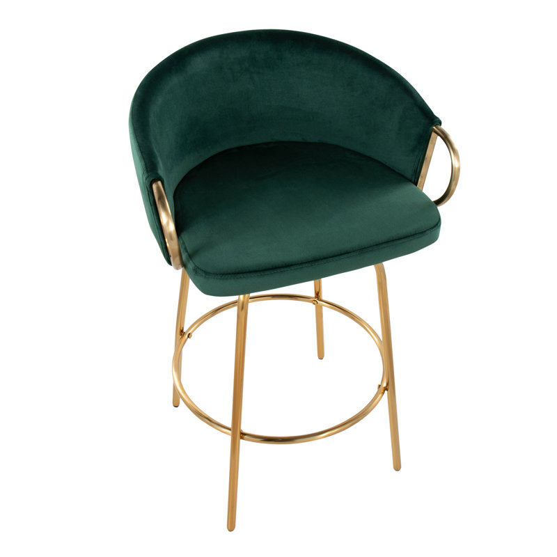 Tabouret de comptoir en velours à hauteur fixe de 26 po avec pieds en métal doré et repose-pieds rond Josie, Vert