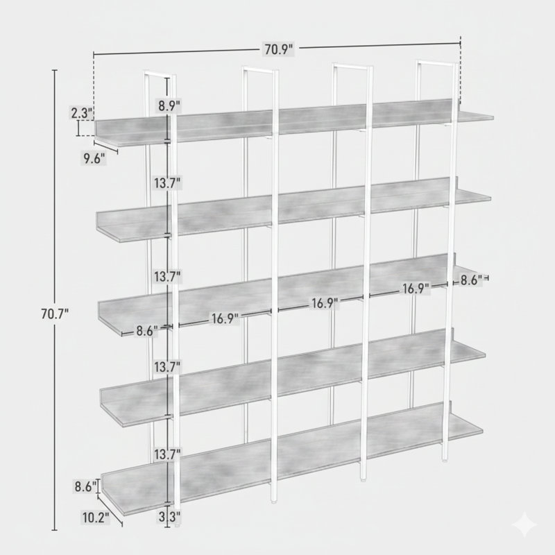 Bibliothèque à cinq niveaux pour tablettes ouvertes pour la maison ou le bureau, tablette de style industriel rétro avec structure en métal et panneau de fibres à densité moyenne