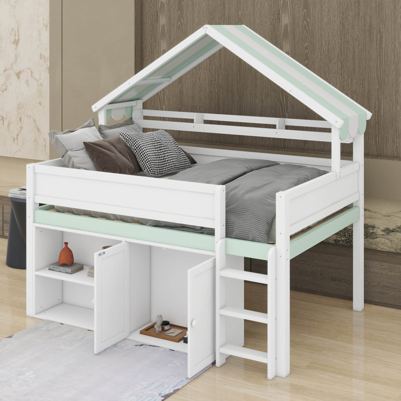 Full Size Loft Bed With Canopy Roof, White/Green