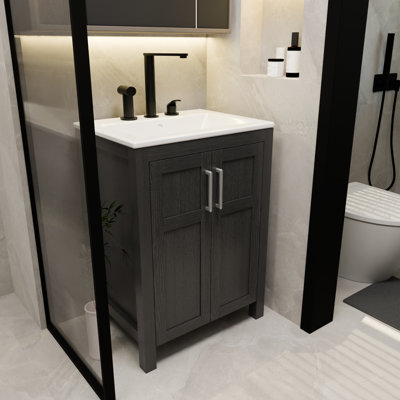Ensemble de meuble-lavabo moderne moderne de 24 po avec lavabo en céramique blanc et cuve en acier inoxydable