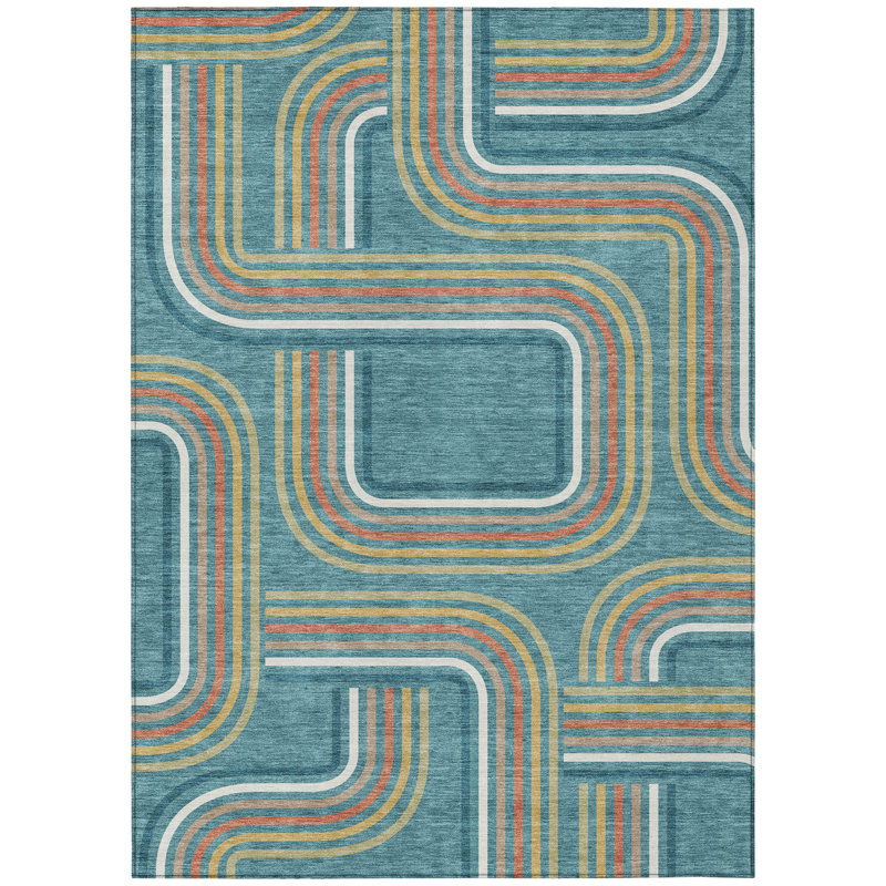 Machine Washable Indoor/Outdoor Chantille ACN2535 Geometric Rug, Teal, Rectangle 5' x 7'6"