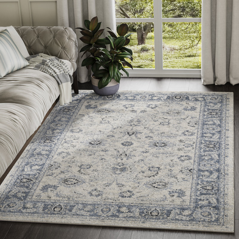 Tapis oriental ivoire / bleu Bourque, Rectangle 8 pi 11 po x 12 pi