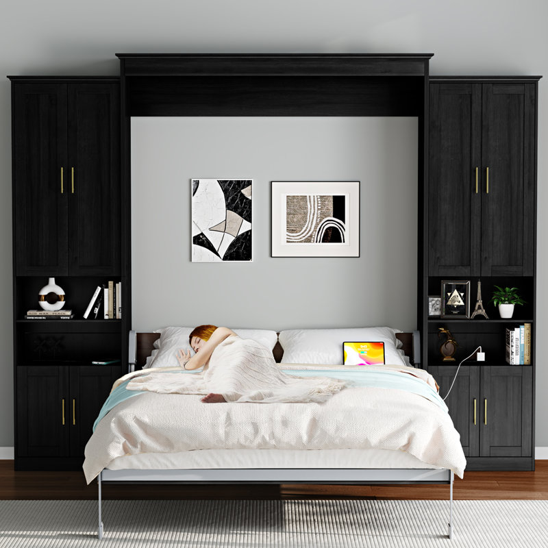 Murphy Bed With Storage Cabinet Shelves, Queen Wall Bed And USB Port, Black Gray, Queen