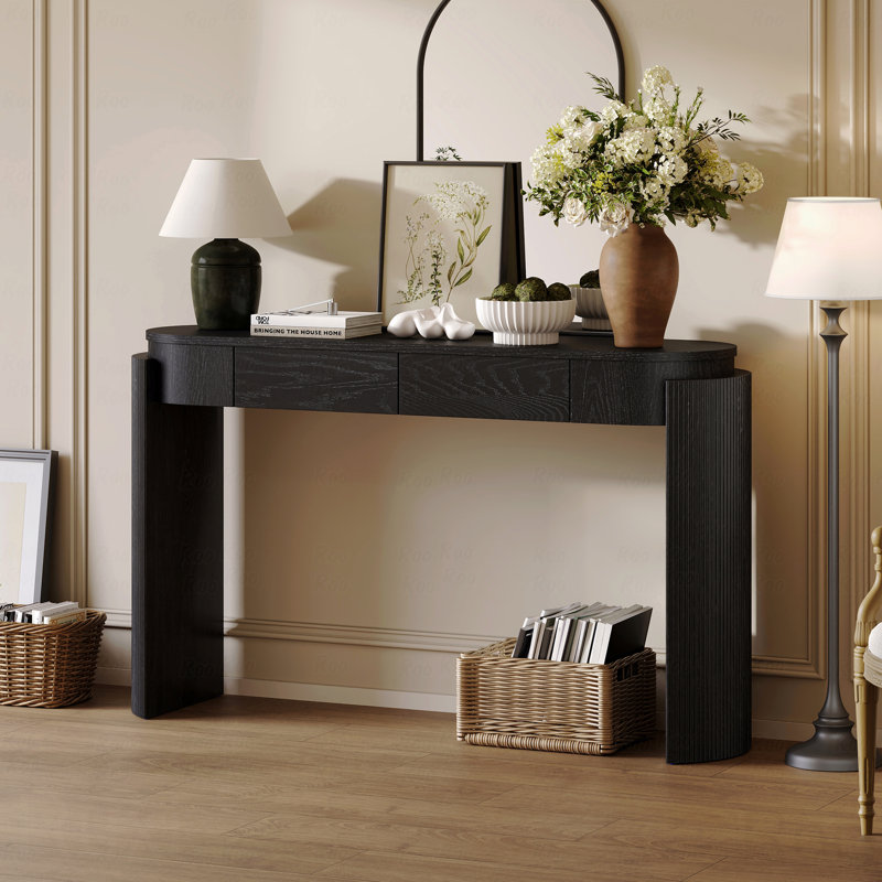 Black Oval Console Table with Fluted Legs – 2 Drawers, Natural Oak Veneer Entryway Table for Living Room, Black