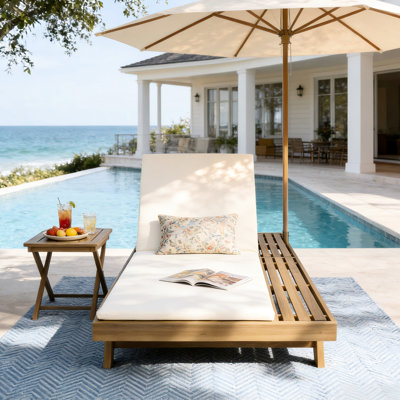 Chaise longue en bois brun avec coussins à eau crème, 4 inclinables et convient à la détente près de la piscine