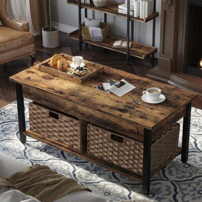 Eoghan 41.7"" Lift Top Coffee Table with Hidden Storage Compartment and 2 Rattan Baskets -  Millwood Pines, 468D67E8E9714369B7D873203D6A9FCC