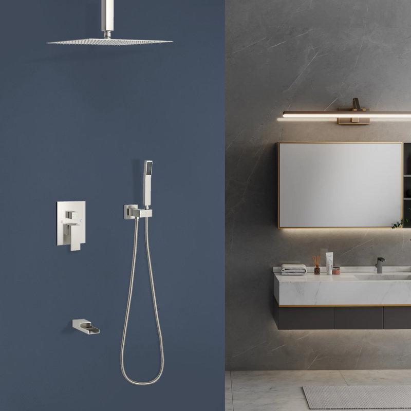 Topcraft 12-Inch Ceiling Mount Square Shower System With Rough-In Valve, Brushed Nickel