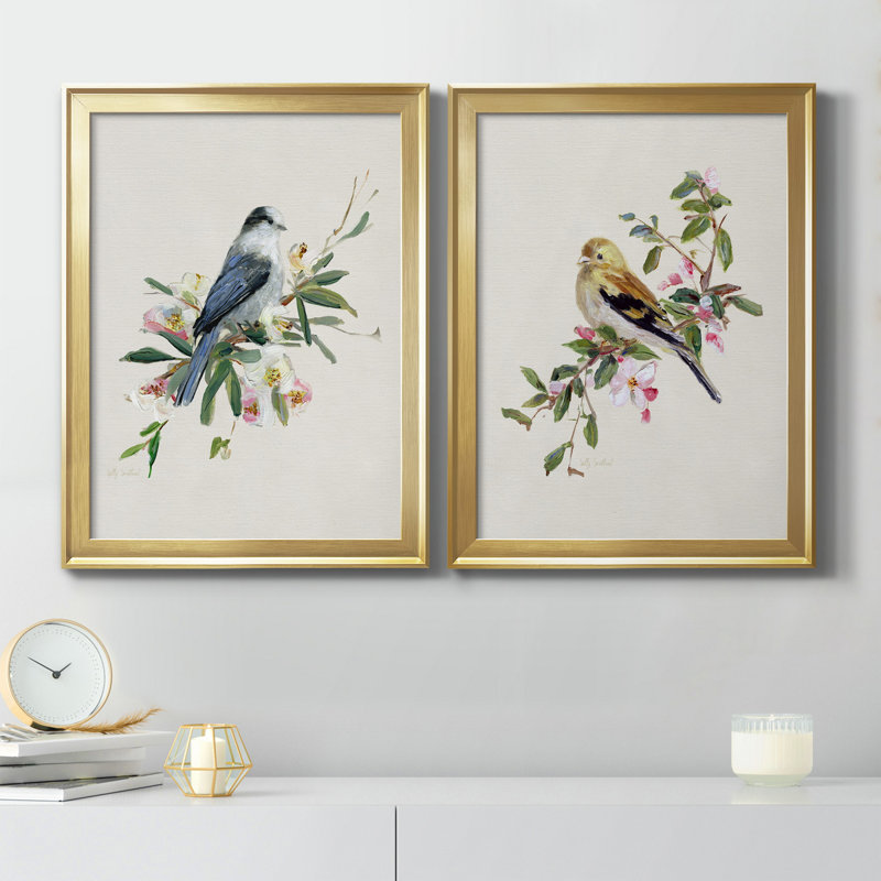 «Spring Song Grey Jay», ensemble de 2 reproductions sur toiles encadrées, H 18,5 po x l 49 po x P 1,5 po, Or