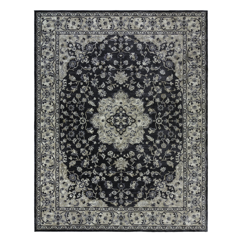 Laeh Lamar Navy/Grey Traditional Medallion Border Area Rug, Rectangle 8'9" x 13'1"