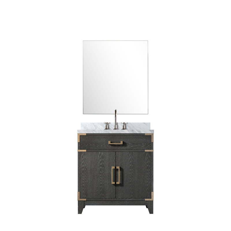 Ensemble de miroir de meuble-lavabo simple 36 po x P 22 po Laurel, Chêne noir, Marbre de Carrare blanc