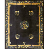 Blue Ivory Beige Cream White Hand Knotted Pile Wool 1920s Antique Rectangle Rug