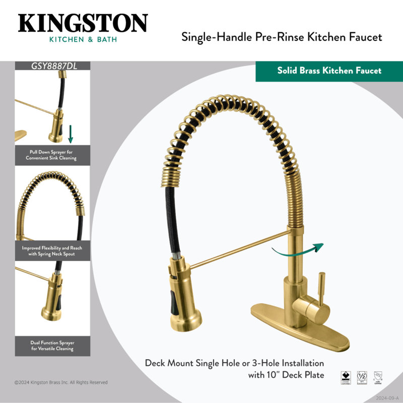 Kingston Brass Concord Single-Handle 1-or-3 Hole Deck Mount Pre-Rinse Kitchen Faucet, Brushed Nickel