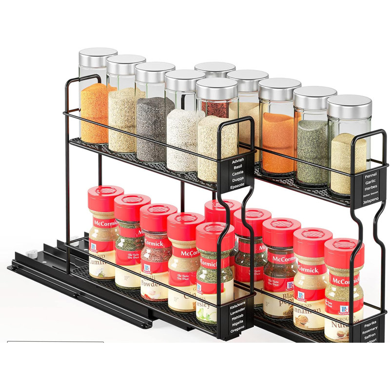 Heavy Duty Black Steel Pull Out Spice Rack Organizer with Labels