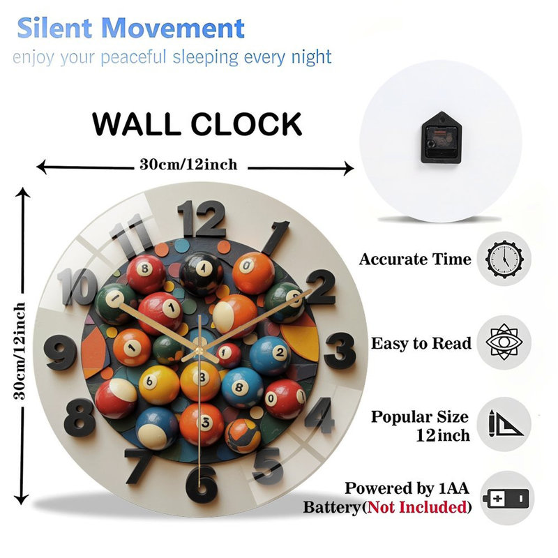 Horloge murale avec boules de billard - horloge murale 12 po