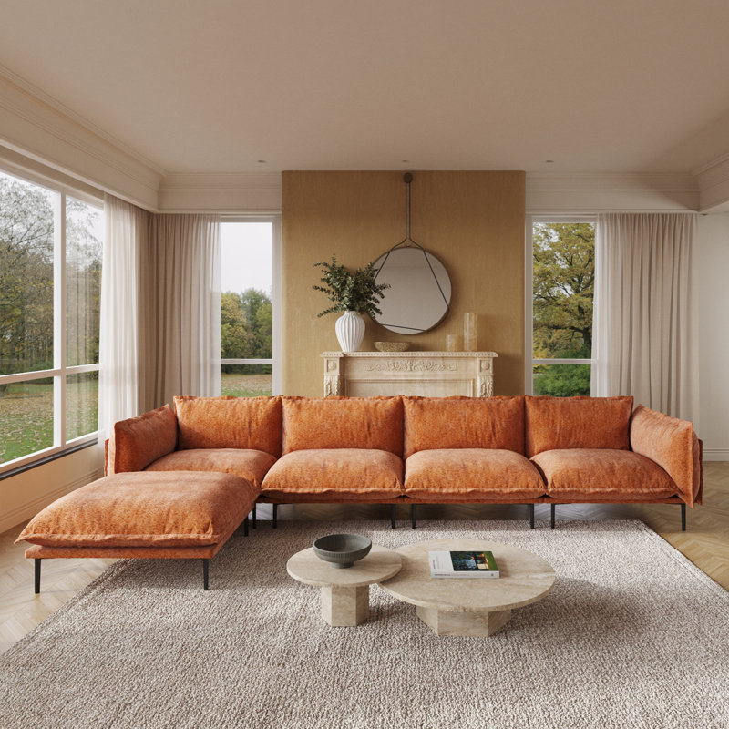 Traci Upholstered 147.24'' Wide Velvet Reversible Modular Sofa & Chaise,5-piece, Orange Velvet