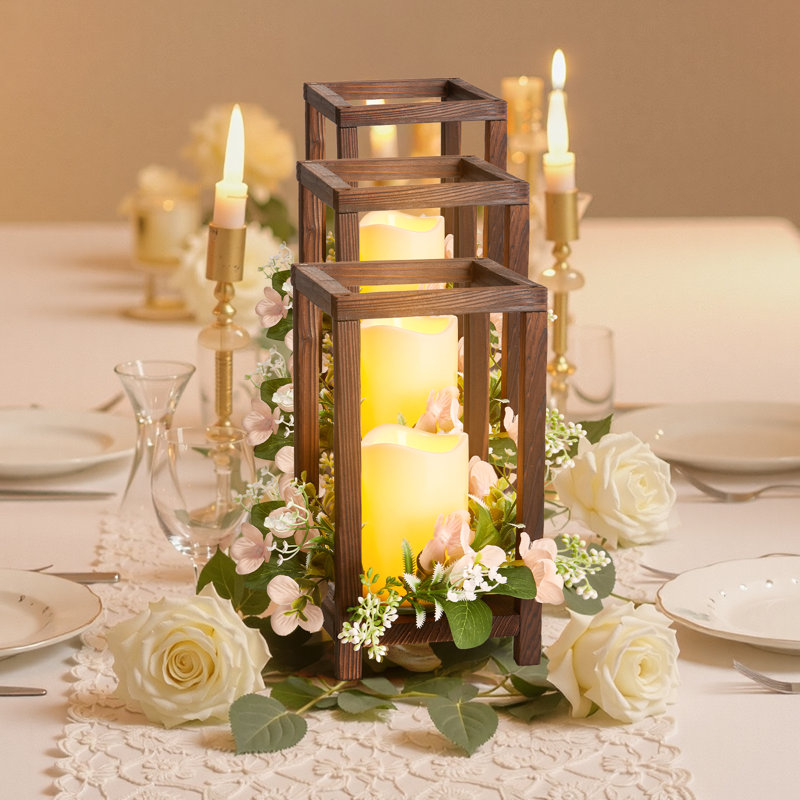 Wooden Wedding Lantern Centerpiece, Includes 10 Wooden Lantern Candle Holder 10 Flameless LED Candle 10 Champagne Flower Wreath for Wedding Table Party Farmhouse Decor, Brown