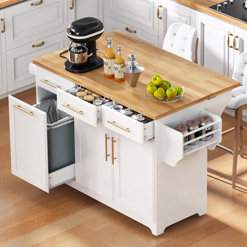 Rolling Kitchen Island With Drop Leaf Countertop, Pull-Out Trash Cabinet, Dual Organizers, Built-In Power Outlets, Spice And Towel Racks, And Rubber Wood Surface For Flexible Cooking And Storage.