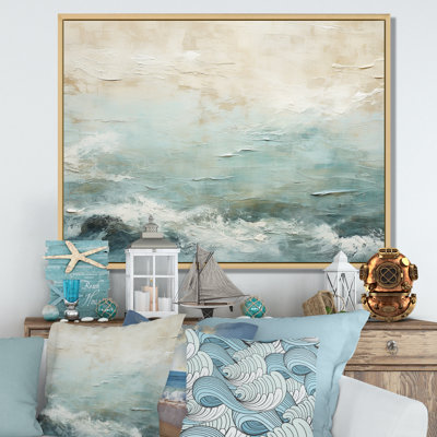 «Modern Coastal Beige and Blue River I - Coastal Ocean», reproduction d'art sur toile encadrée