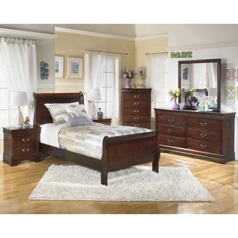 Lit-bateau Alisdair, commode, miroir, commode et table de chevet, Lit simple