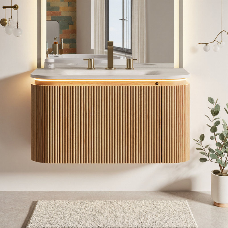 Meuble-lavabo flottant avec lumière à capteur et motif de travertin intégré, 30''