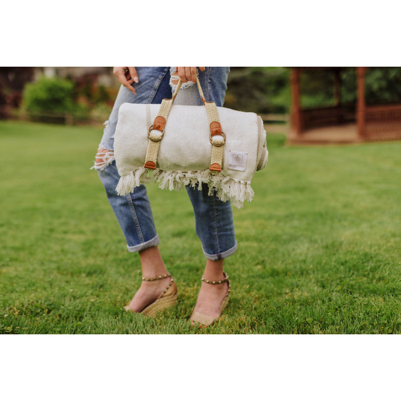 Montecito White and Taupe Cotton Polyester Picnic Blanket