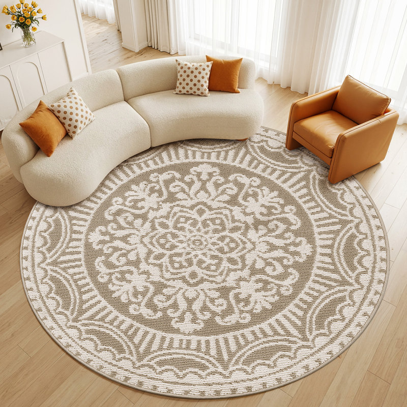 Tapis rond à médaillon beige résistant aux taches de 1,5 m, Rond 5 pi