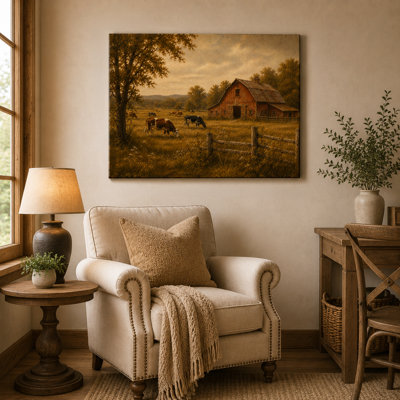Rainy Barn Retreat Wrapped Canvas Wall Art, Moody Farmhouse Landscape Decor