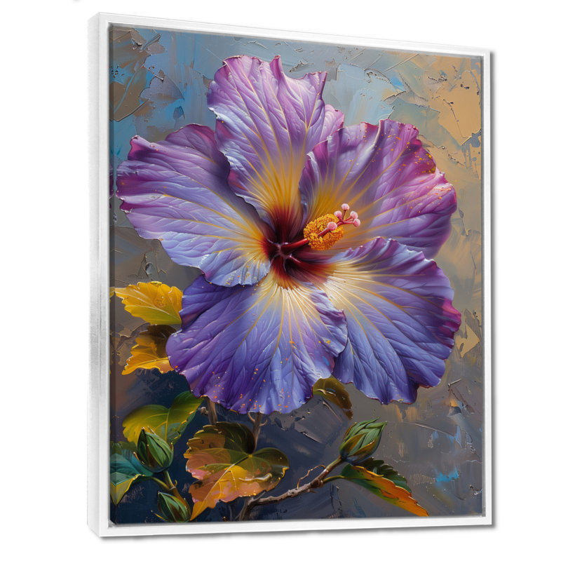 Hibiscus mauve, jaune et violet, Toile encadrée flottée blanche, H 40 po x l 30 po x P 1,5 po