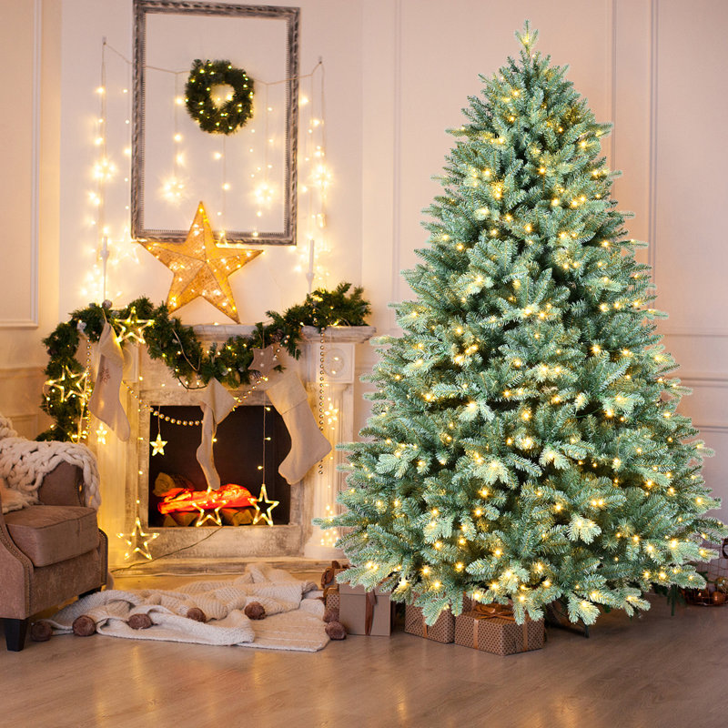 Arbre de Noël pré-éclairé en épinette bleue en PE / PVC, branches à ouverture automatique et support en métal, H 7 pi