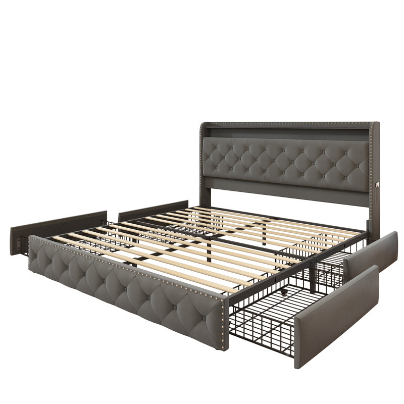 Upholstered Platform Bed with 4 Storage Drawers, Velvet King Size Bed with Storage Shelf Headboard&Charging Station&Led Lights, Gray