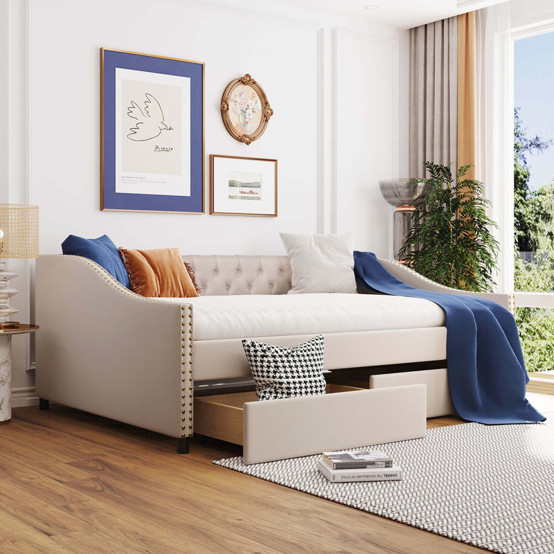 Lit de jour confortable avec deux tiroirs et fabrication robuste pour une utilisation polyvalente, Beige, Lit double