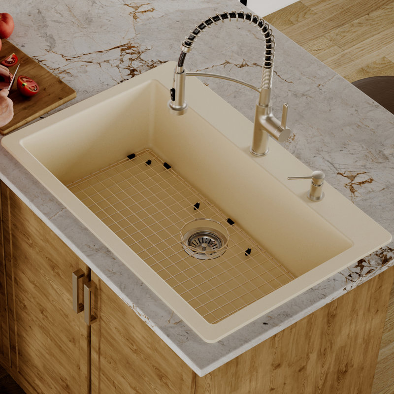 Évier de cuisine à simple cuve encastrable 33 po x 22 po avec grille inférieure et crépine Karran Quartz, Bisque