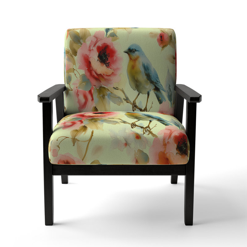 Fauteuil d'appoint rembourré Beautiful Bird Romance I, Mélange de polyester vert, Noir
