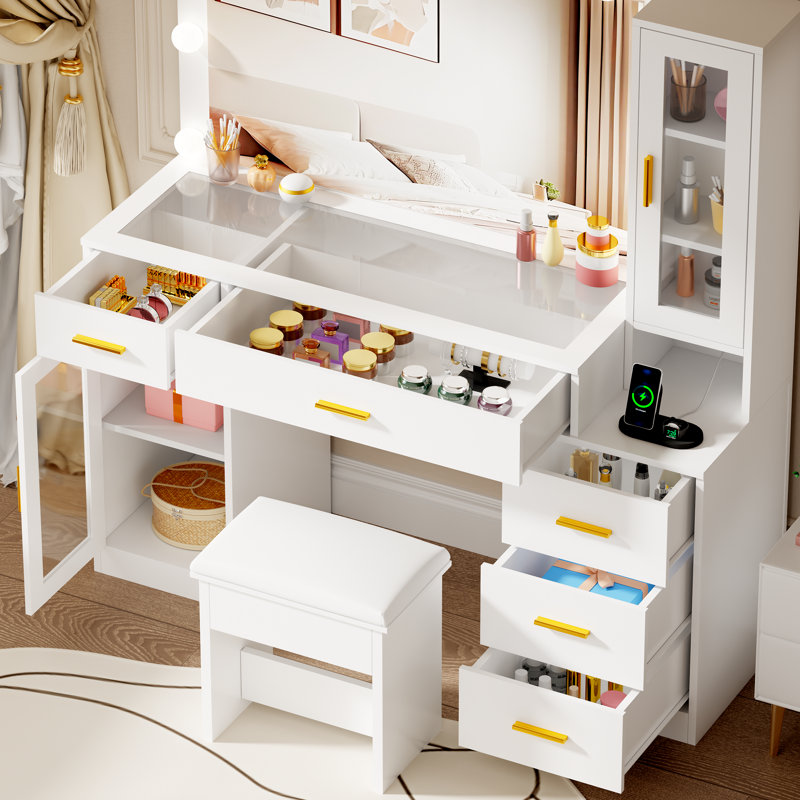 Ensemble de coiffeuse de maquillage 49,2 "avec tabouret, prise de courant USB et 3 modes de luminosité réglables Adriel