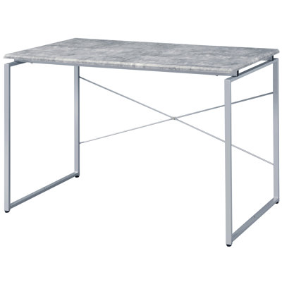 Configuration de bureau contemporain contemporain avec panneau de bois rectangulaire gris et argenté, élément de base de traîneau en métal argenté, arrangement de bureau à domicile, unité de surface