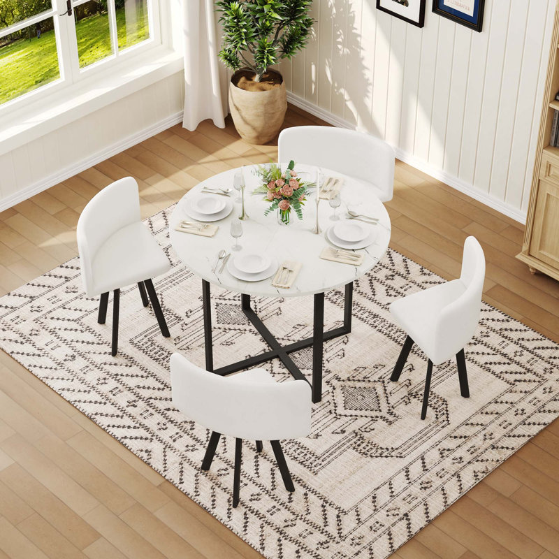5PCS Rustic Breakfast Nook Dining Set, Faux Marble Triamine Top Round Dining Table With 4 PU Leather Chairs, White