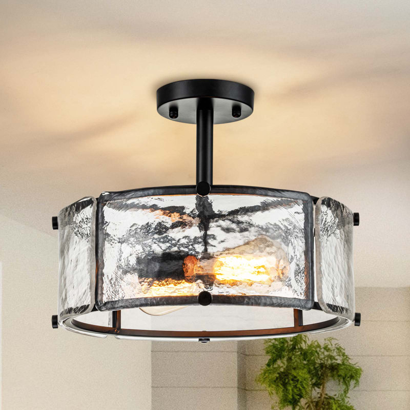 2-Light Glass Drum Semi Flush Mount Ceiling Light, Black