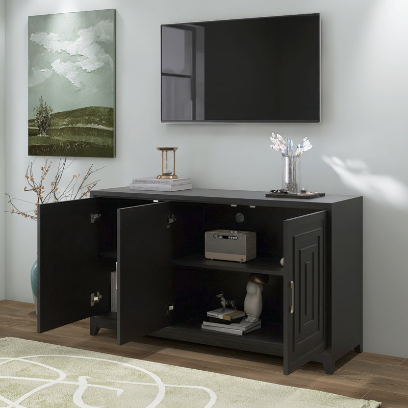 Meuble télé pour téléviseur de 65 po ou moins, meuble multimédia avec 2 espaces de rangement spacieux et pieds en bois massif