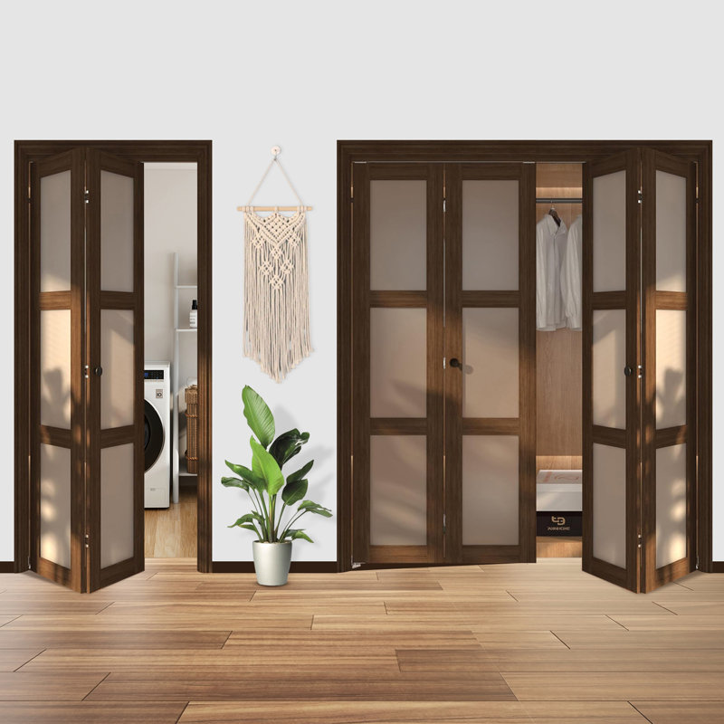 Porte de grange pliante en verre givré pliable 3-Lite avec trousse de quincaillerie d'installation, 36 po x 80 po, Brun