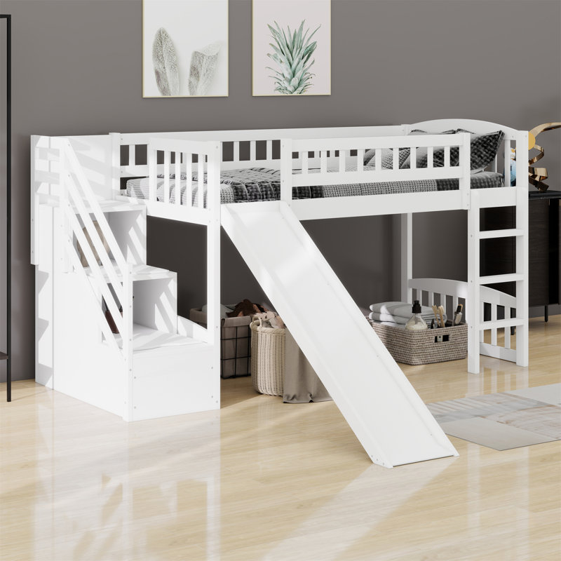 Lit mezzanine avec escalier et glissade, White