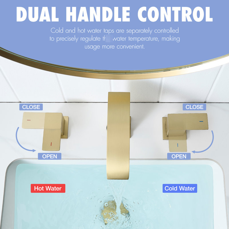 3 Hole Stainless Steel 8 Inch Widespread Bathroom Sink Faucet, Gold Finish, Manual Operation, Double Lever Handles Vanity Widespread, Brushed Gold, Handles, Operation