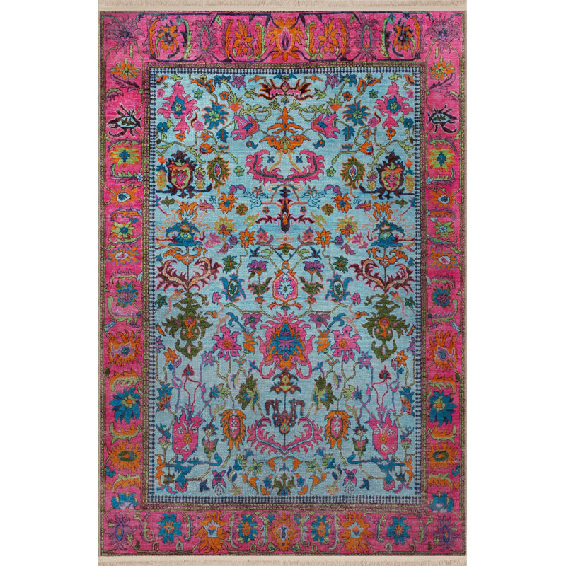 Tapis décoratif traditionnel lavable à la machine à motif floral bleu et rose, Tapis de couloir 2 pi 6 po x 6 pi 7 po