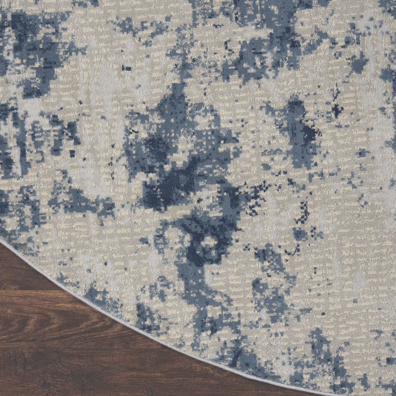 Tapis abstrait gris / bleu, Rond 5 pi 3 po