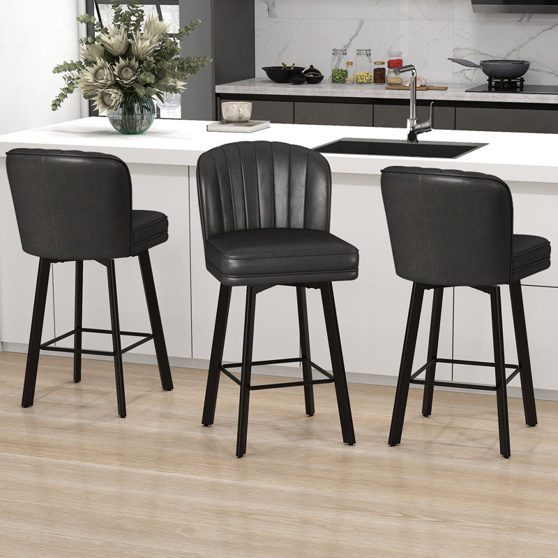 26" Swivel Counter Height Bar Stools with Backs, Kitchen Island Stools with Channel-Tufted Shell Back, Padded Seat and Metal Legs with Footrest