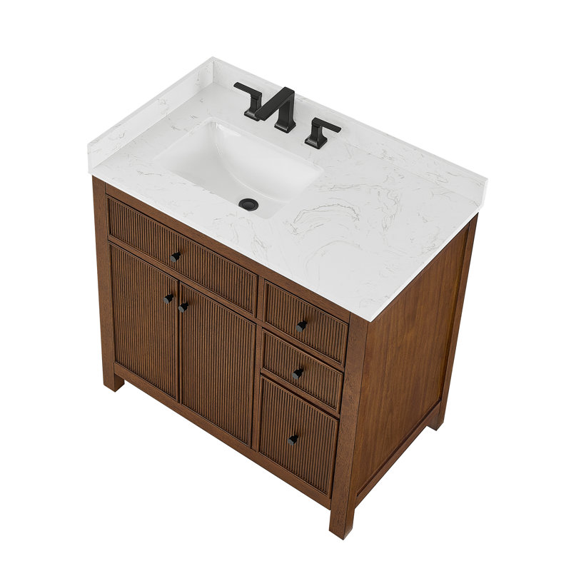 Pendry 36" Freestanding Single Bathroom Vanity with Top, Dark Walnut, Matte Black, White Cultured Marble