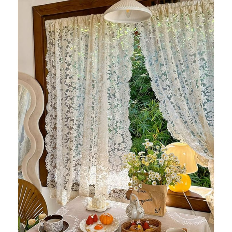 2 Panels French Curtains Lace Gauze for Living Room Cream Retro Wavy Edge Bedroom Bay Window Embroidery Curtain Door White Tulle Rod Pocket