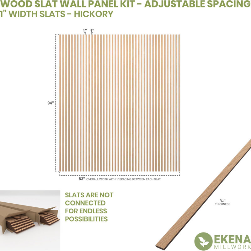 Adjustable Wood Slat Wall Panel Kit, 1"W x 94"H x 0.25"T, Hickory