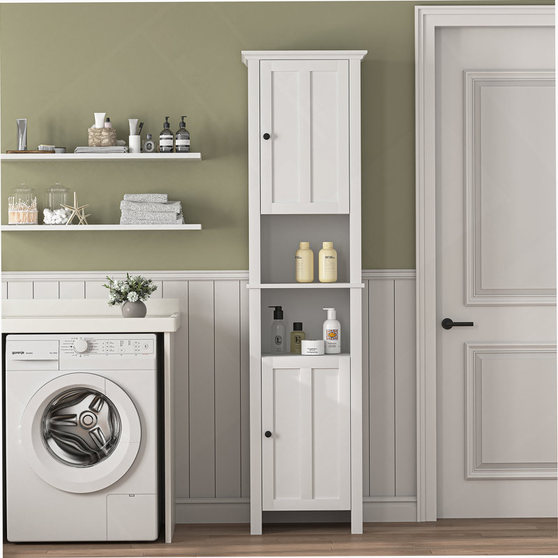 Tall Narrow Bathroom Floor Storage Cabinet with 2 Doors & 6 Shelves, Multifunctional Wooden Freestanding Cabinet for Bathroom & Living Room
